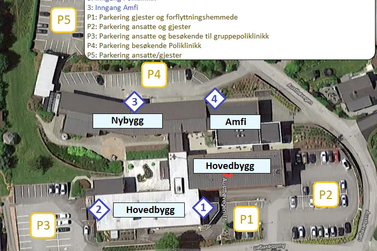 Oversikt bygg, innganger og parkering