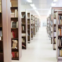 Et bibliotek med bøker i hyllene